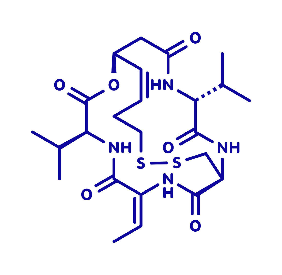 Romidepsin cancer drug molecule, illustration
