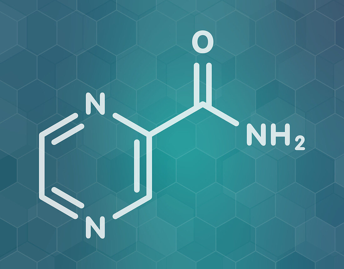 Pyrazinamide tuberculosis drug molecule, illustration