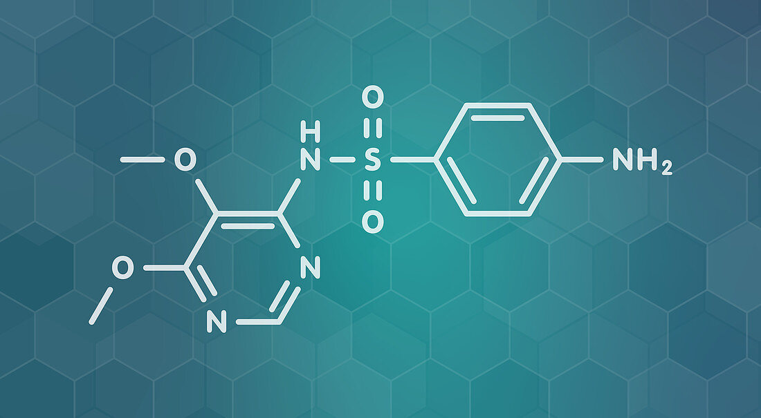 Sulfadoxine malaria drug molecule, illustration