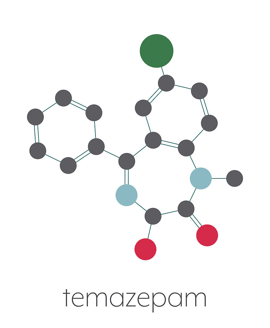 Temazepam benzodiazepine drug molecule, illustration
