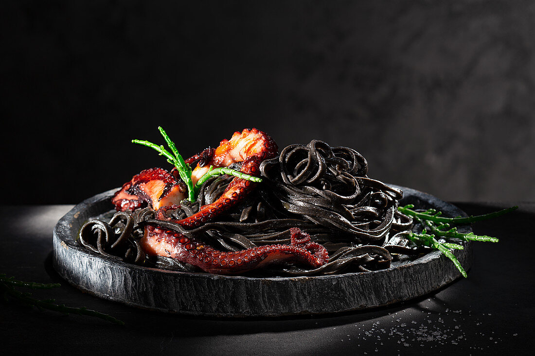 Black pasta with octopus