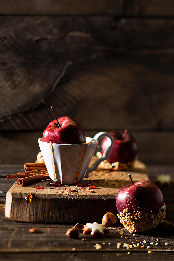 Christmas apples with caramel sauce and nuts