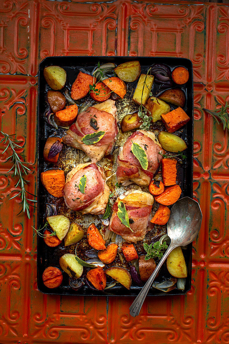 Roasted bacon chicken with sweet potatoes