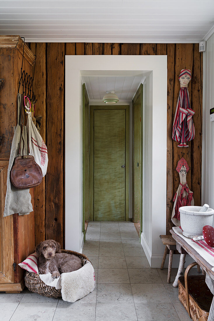 Dog in basket in rustic hallway with wood-clad walls and ceiling