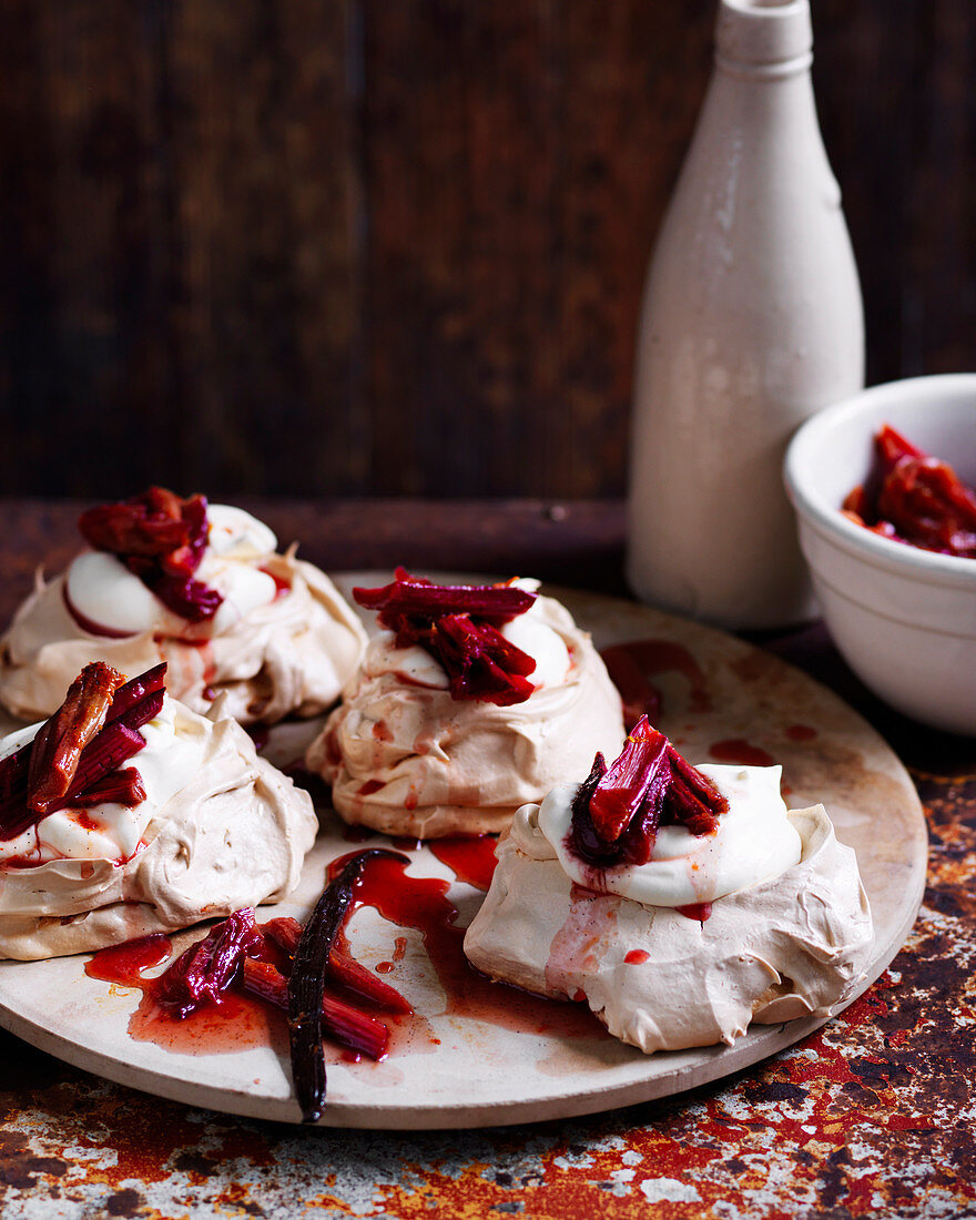 Golden Meringues with Baked Rhubarb