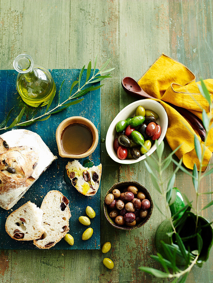 Olive bread, olives and olive oil