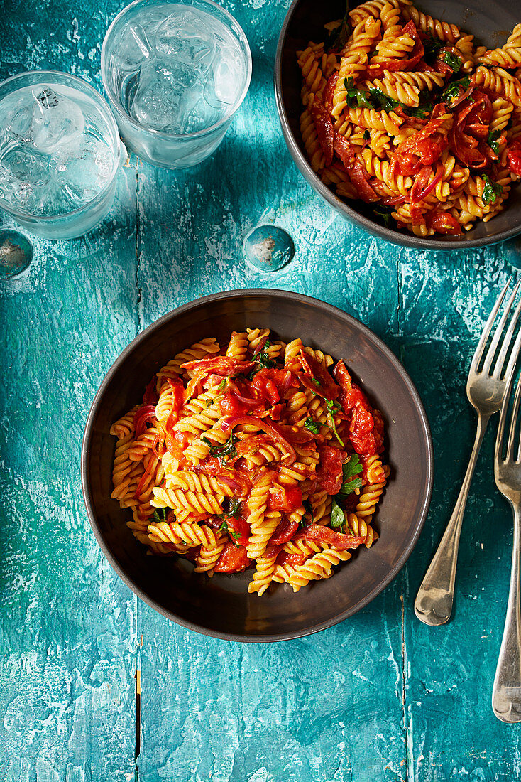 Fusilli with Salami and Cherry Tomatoes