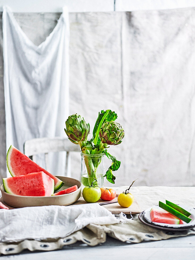 Watermelon, artichockes and tomatoes