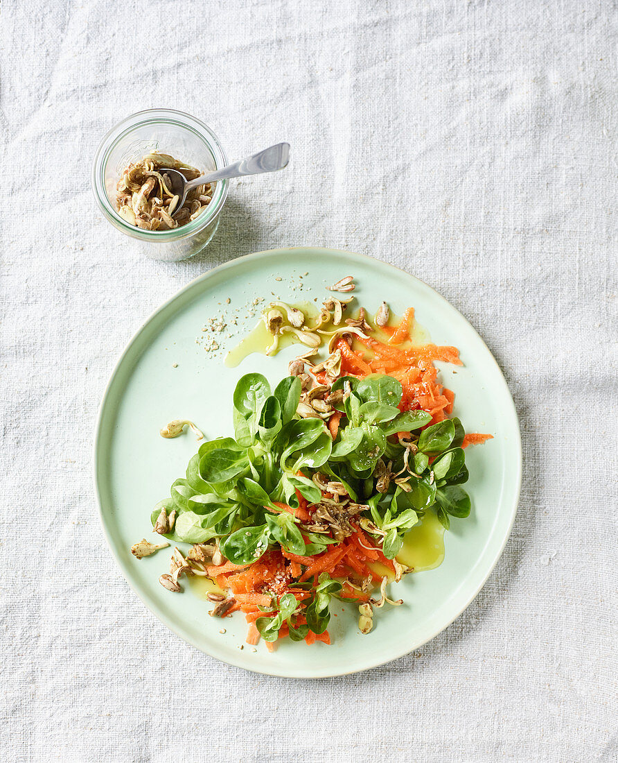 Feldsalat mit Karotten und Sprossen