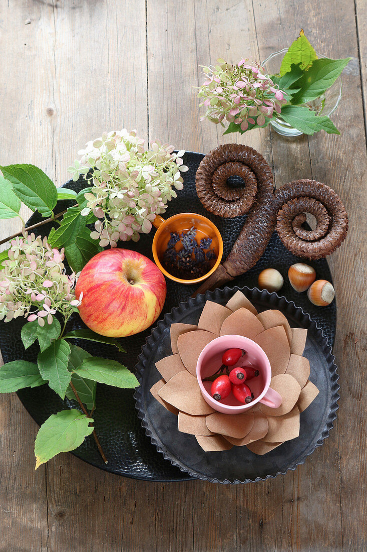 Herbstliche Tischdekoration mit Apfel, Hagebutten, Hortensienblüten und Widderzapfen