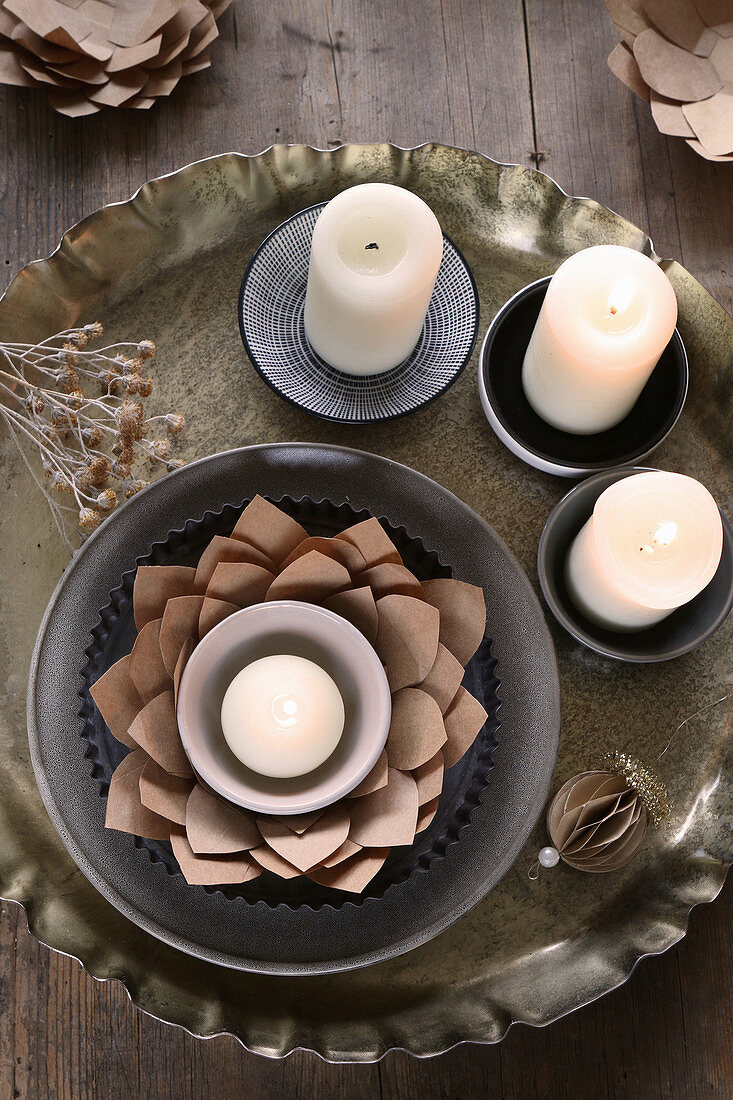 Tealight in handmade brown paper artichoke flower