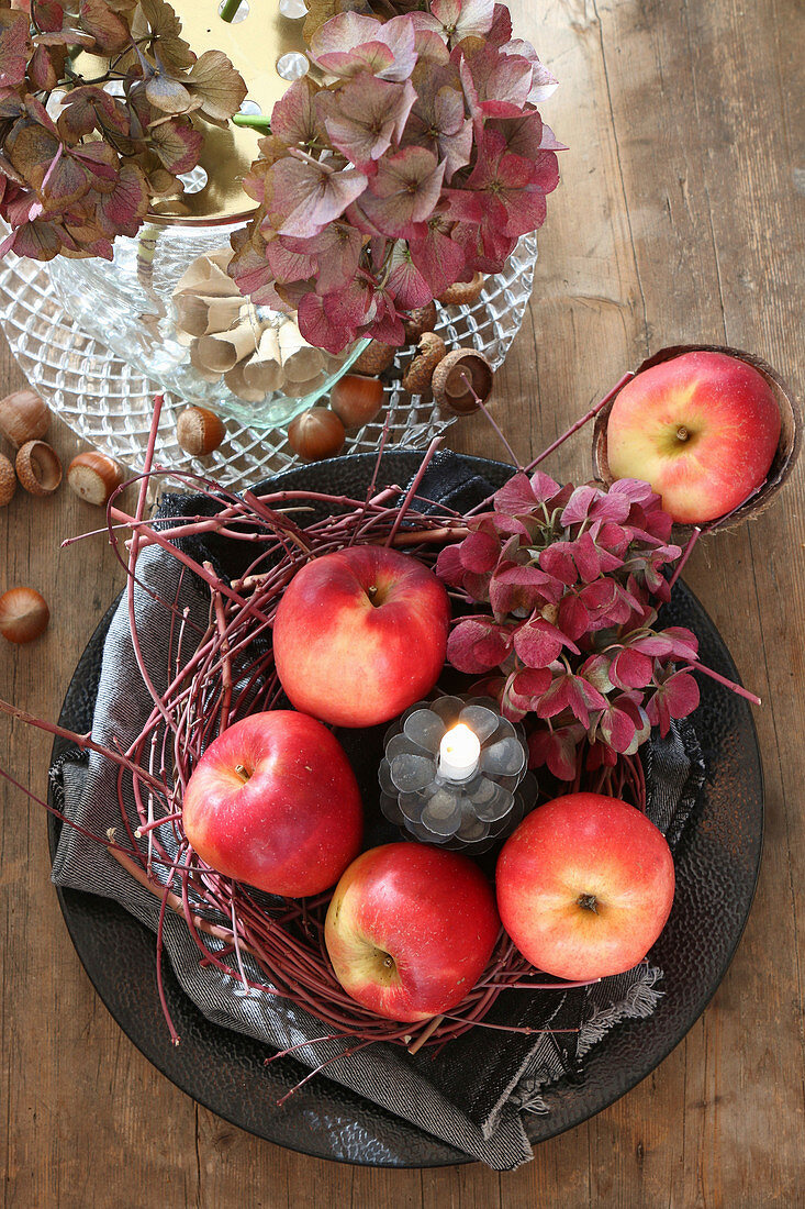 Autumnal arrangement of apples, twigs, hydrangeas and candle