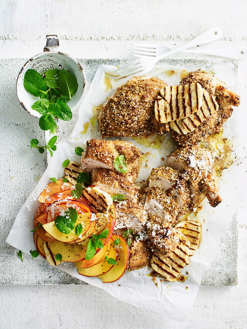 Dukkah Chicken with Haloumi and Peach Salad