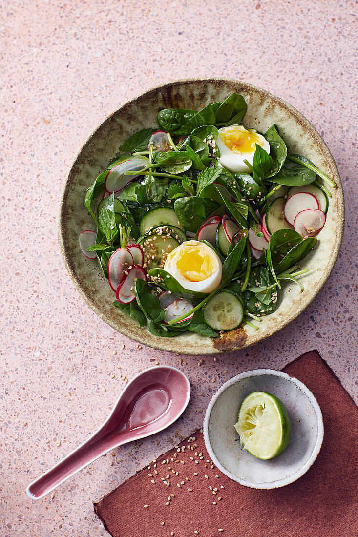 Oriental spinach salad with egg and radishes