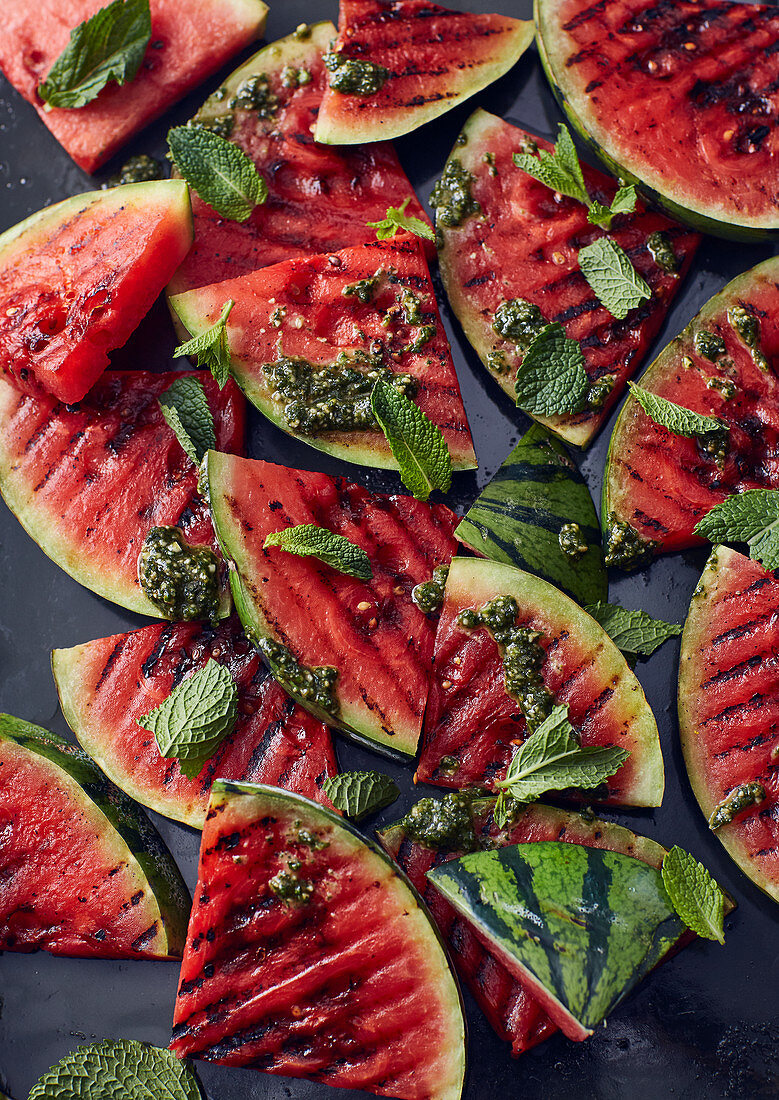 Grilled watermelon with mint pesto