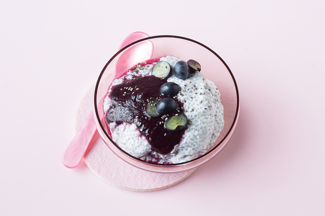 Coconut chia pudding with blueberry purée (keto cuisine)