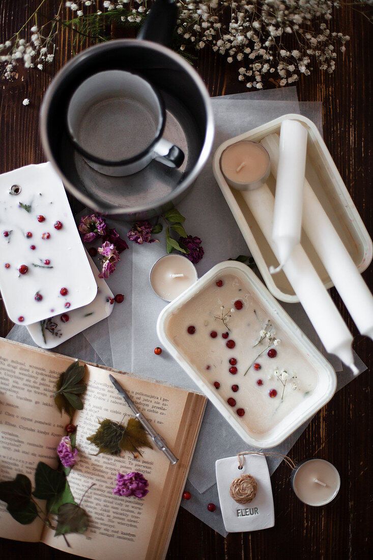 Materials for making handmade scented wax tablets with flowers and leaves