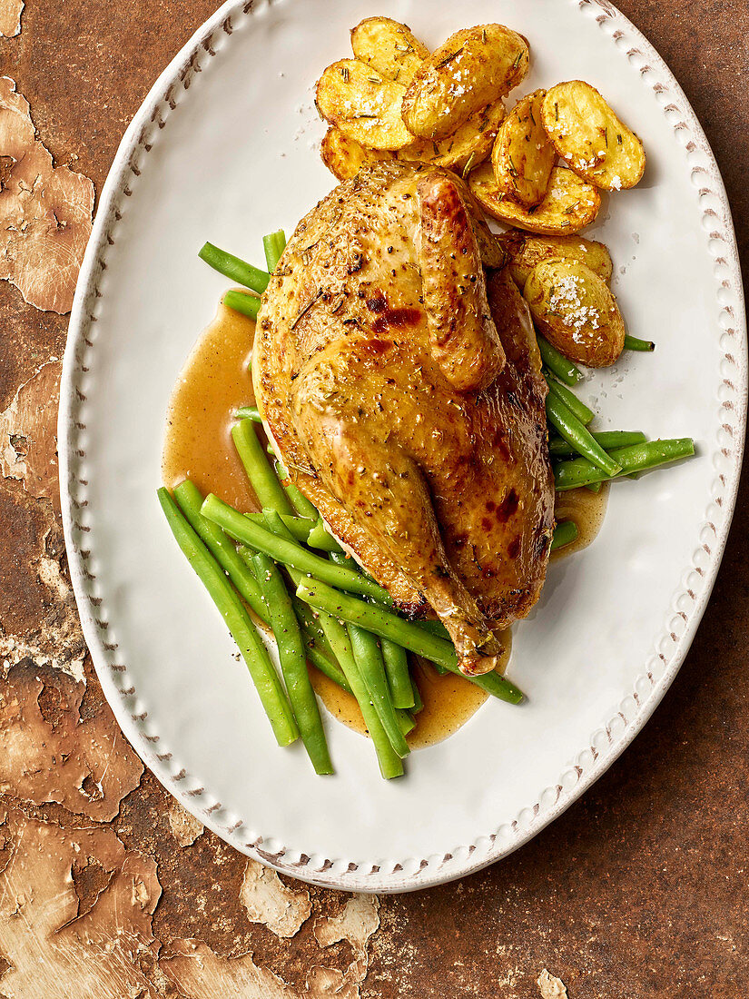 Pheasant with green beans and rosemary potatoes