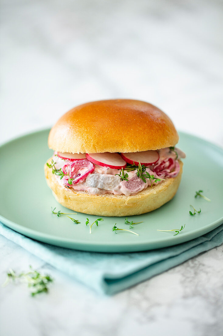 A Swedish burger with soused herring, apples and rhubarb