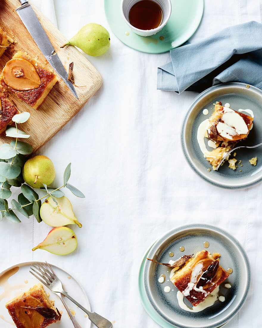 Pear, sage and almond upside-down tray cake with vanilla sauce