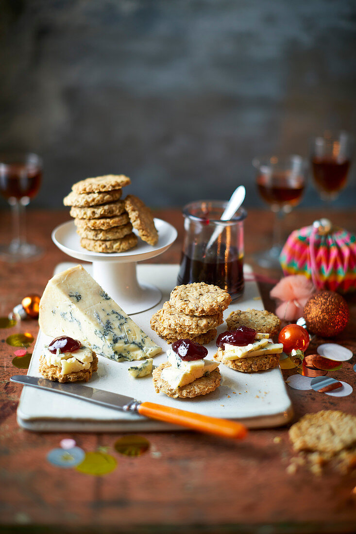 Caraway oatcakes with stilton and damson jam