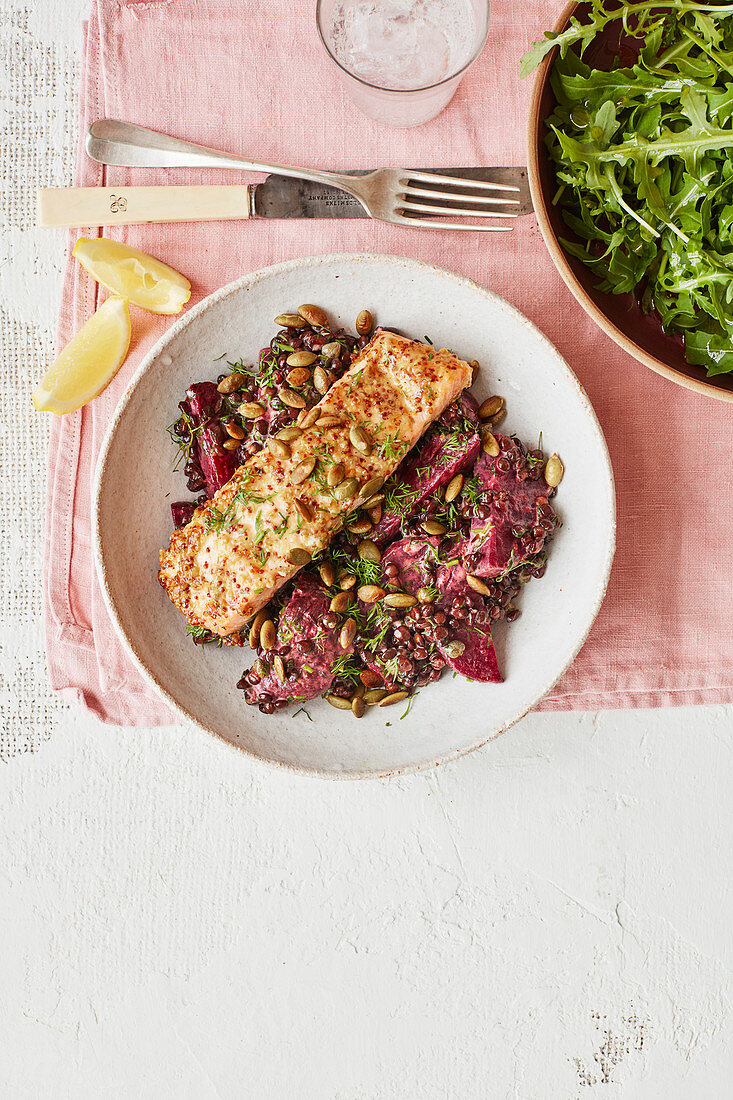 Mustardy salmon with beetroot and lentils