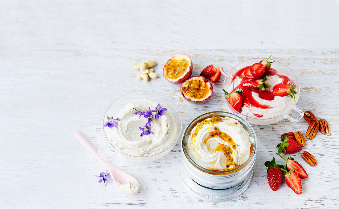 Vegan 'yoghurt' with passionfruit and strawberry