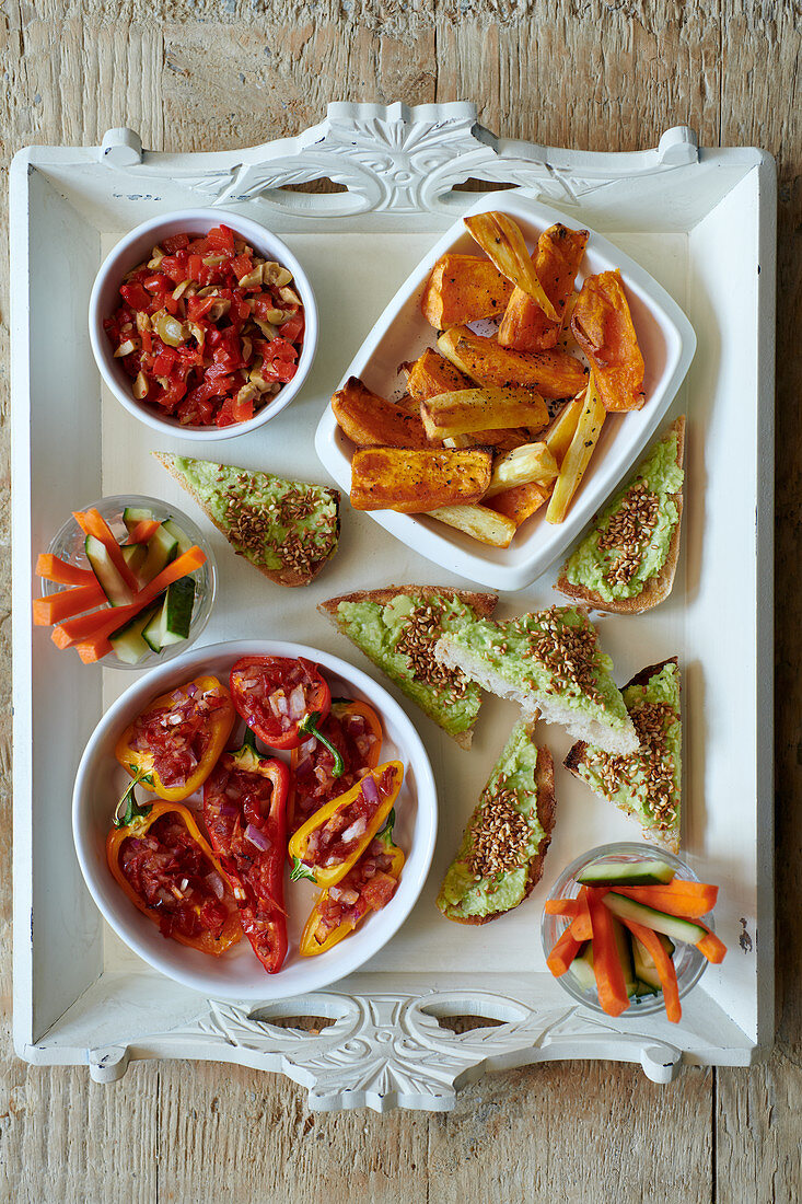 Stuffed Peppers with Avocado Toast and Roasted Sweet Potato Chips