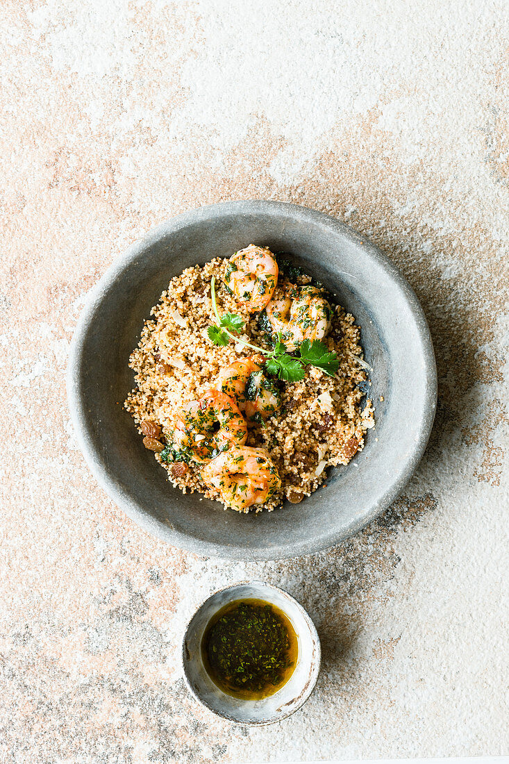 Israeli roasted couscous with prawns
