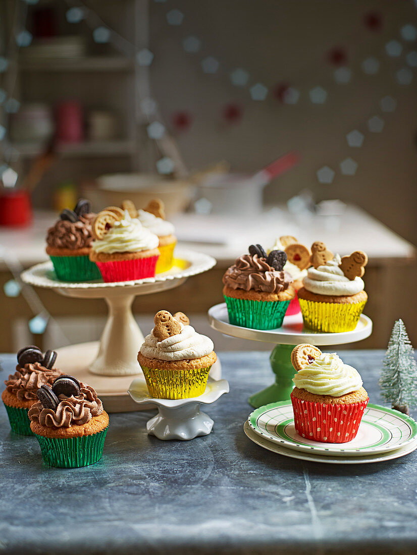 Verschiedene weihnachtliche Biskuit-Cupcakes