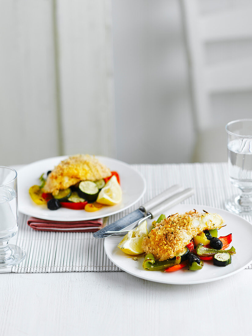 Fish fillets with a lemon crust on a bed of Mediterranean vegetables
