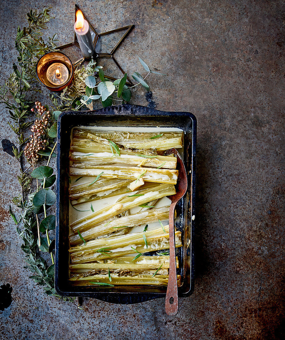 White wine and cream braised celery