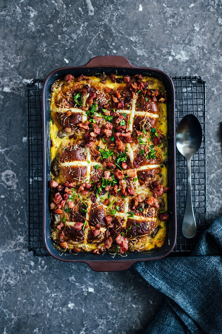 Breakfast Hot Cross Bun Bake with Bacon