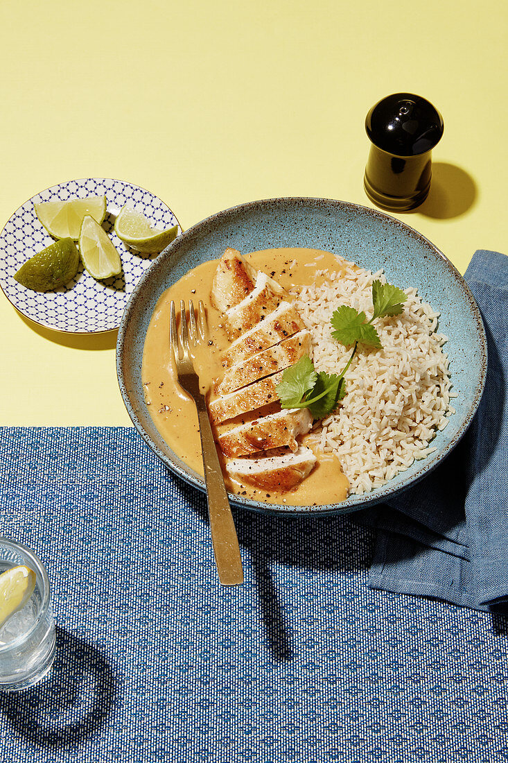 Chicken breast with a banana and coconut curry sauce