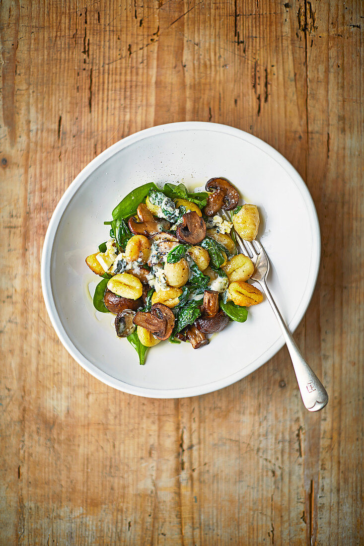 Roast mushroom gnocchi with spinach and blue cheese