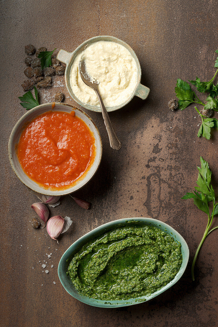 Pikante Saucen: Salsa verde, Süß-saure Tomatensauce & Meerrettichsauce