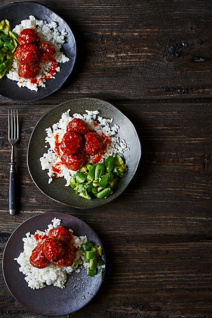 Honey Sriracha Glazed Meatballs with smashed cucumbers (Asia)