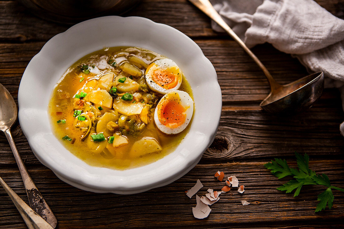 Potato and leek soup with a soft-boiled egg