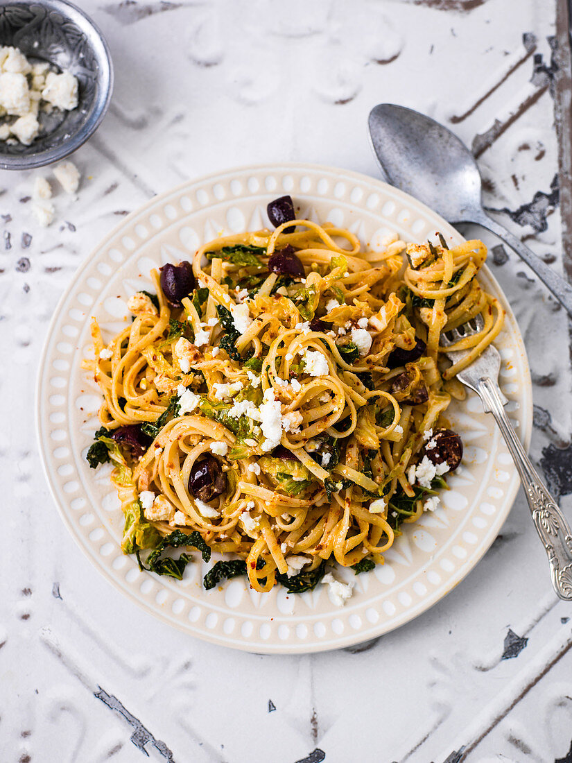 Linguine with savoy cabbage olives and feta