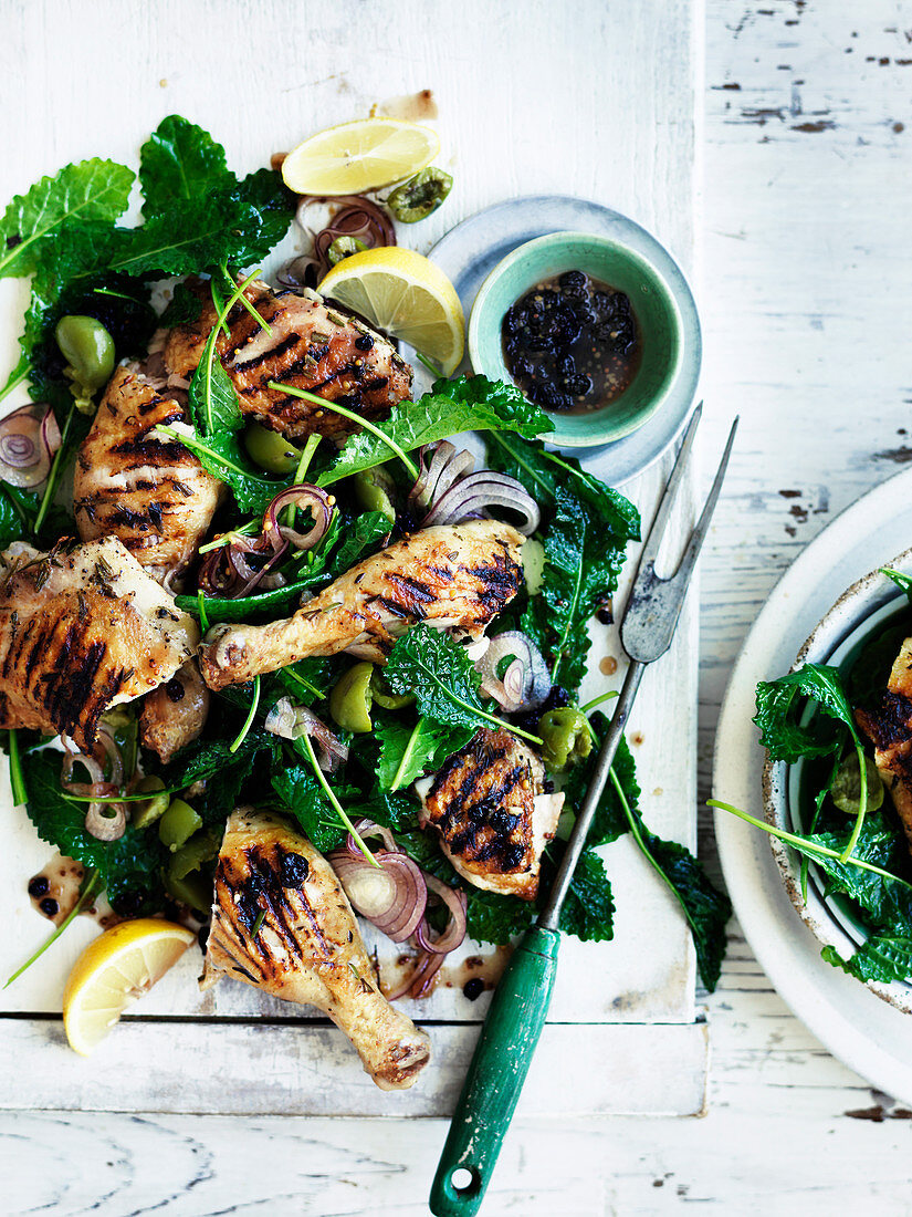 Grilled Lemon and Rosemary chicken with dark greens