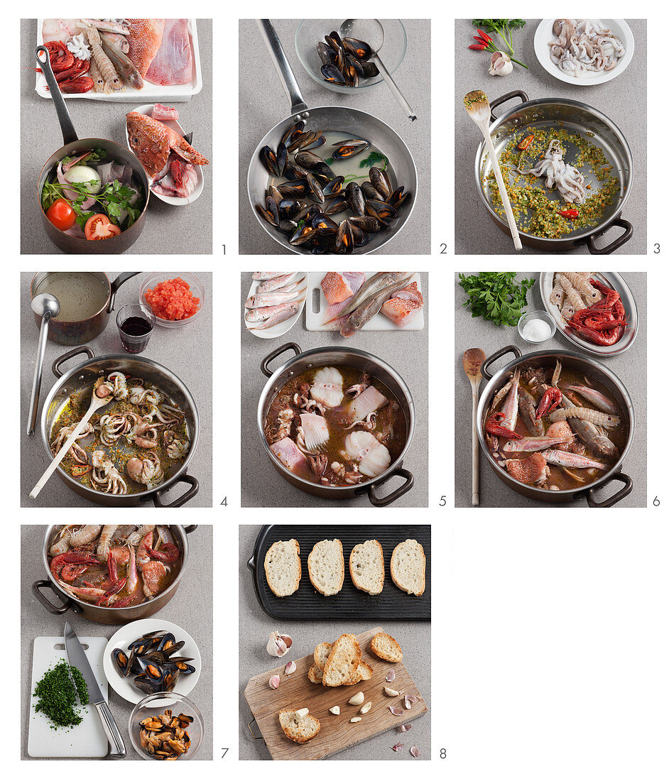 Cacciucco alla livornese (Eintopf mit Fisch und Meeresfrüchten, Italien) zubereiten