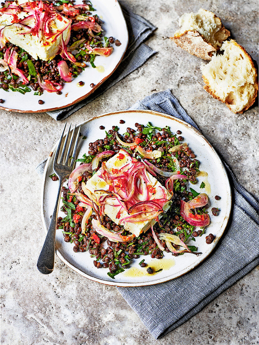 Baked feta salad with lentils, chilli and herbs
