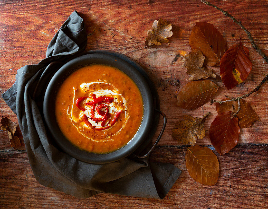 Roast Red Pepper and Carrot Soup with coconut milk Yoghurt and roast red pepper garnish