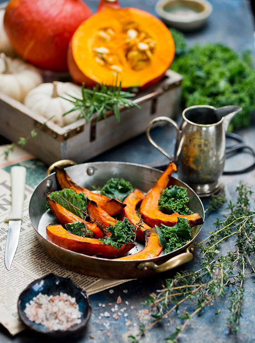 Roasted pumpkin with herbs and kale