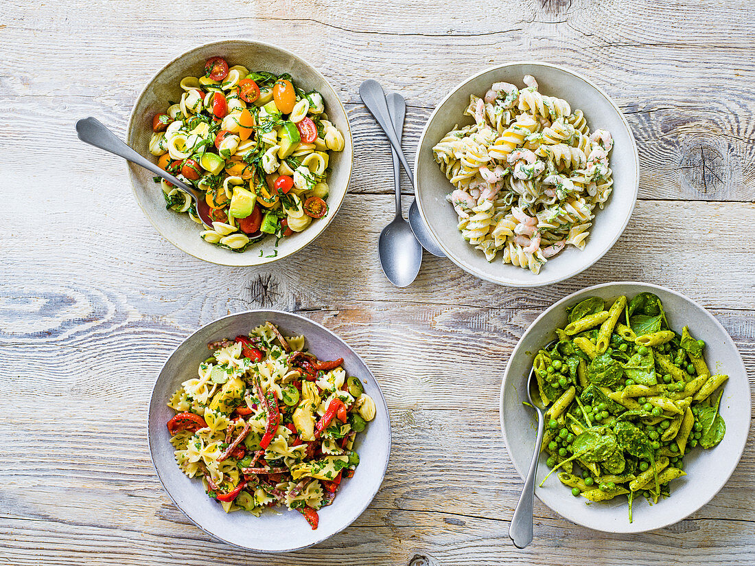Four ways with pasta salad - Caprese, with prawns, with deli and green