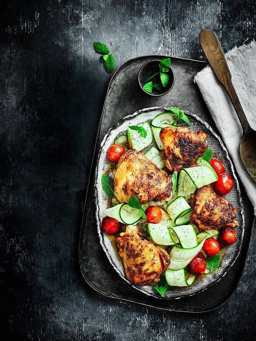 Paprika chicken thighs with cherry tomatoes, courgette ribbons and mint