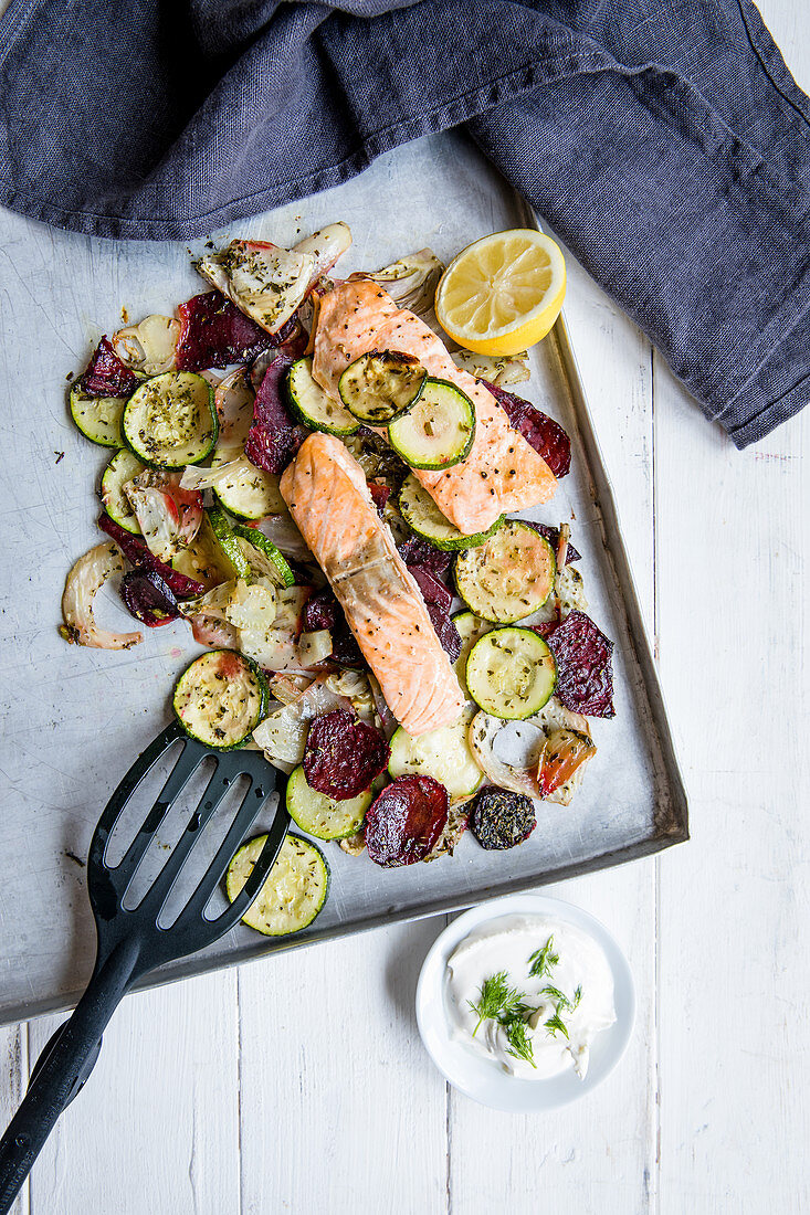 Salmon with oven-roasted vegetables