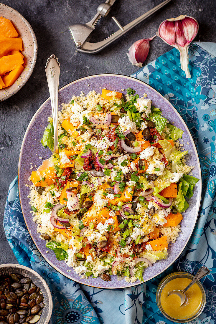 Couscous and baked pumpkin salad with feta
