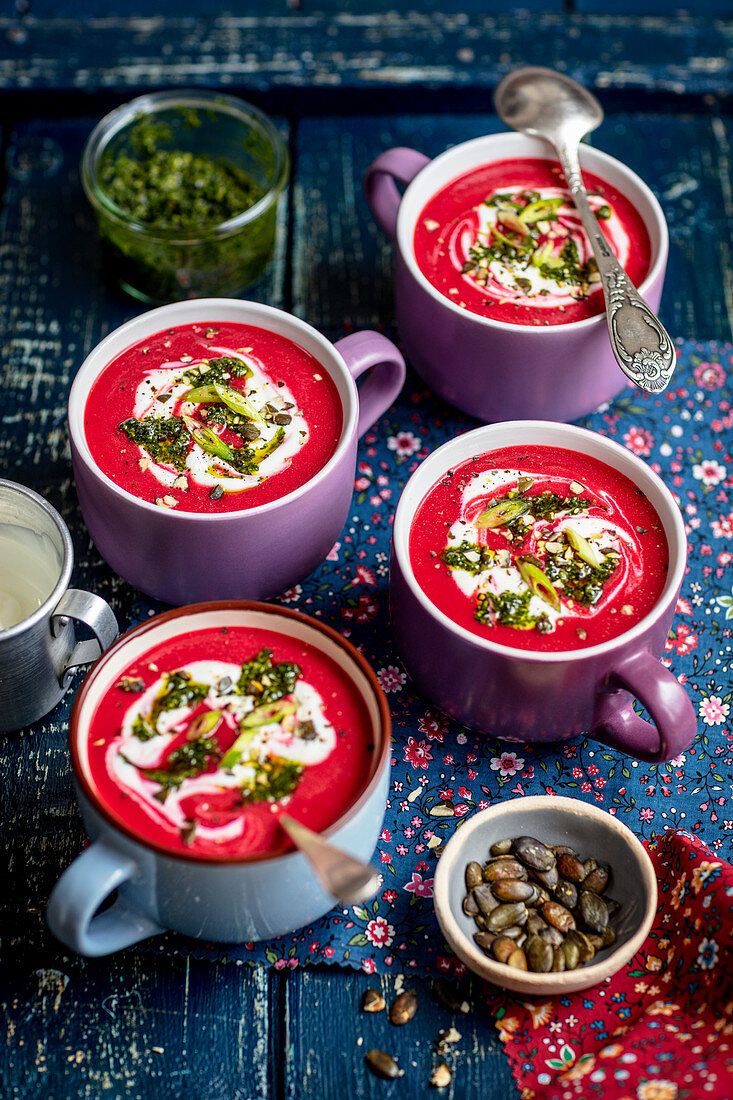 Beetroot cream soup with mint pesto