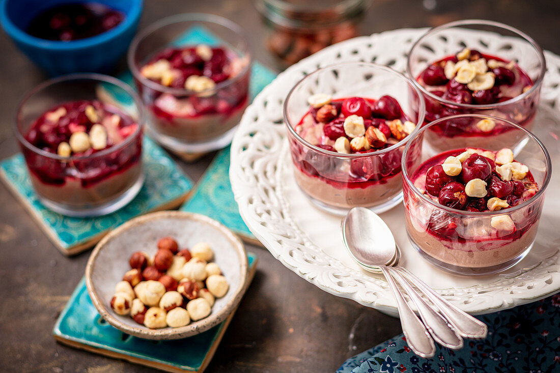 Yogurt and chocolate mousse with cherries